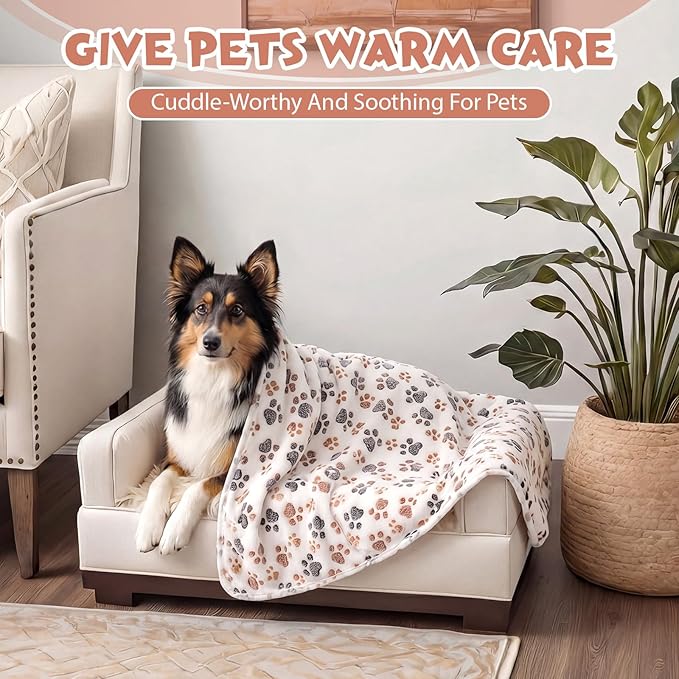 Tegeme 12 Pcs Pet Blankets 41 x 30 Inch Soft Fluffy Fleece Dog Cat Warm Paw Print Pattern Blankets Flannel Throw for Pets Dog Puppy Cat(White, Gray)