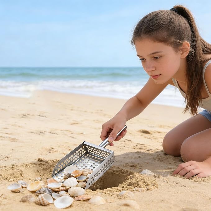 Beach Sand Sifter| Shark Tooth Sifter & Shell Scooper with 1 Mesh Bags, Boys & Girls | Fun Beach Toys for Shell Collecting