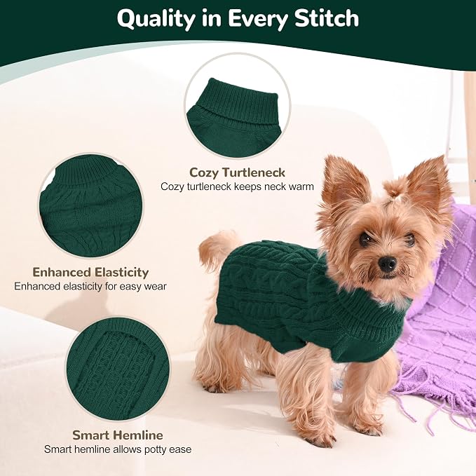 Dog Sweater 2 Pack for Small Dogs, Size S, Green & Brown | Stretchy cable knit turtleneck, machine washable, high belly cut, comfy winter fit for Chihuahua, Maltese