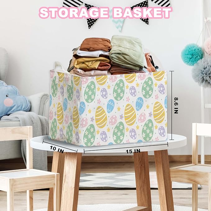 Eggs Rabbit Easter Basket, Colorful Eggs Baby Gift Basket, Empty Toy Nursery Bin, Large Square Canvas Laundry Hamper With a Waterproof PE Coating, Foldable Girls Toy Clothes Bins for Bedroom