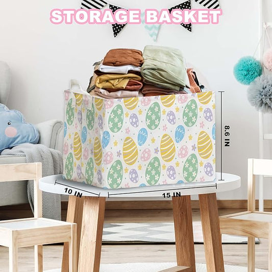 Eggs Rabbit Easter Basket, Colorful Eggs Baby Gift Basket, Empty Toy Nursery Bin, Large Square Canvas Laundry Hamper With a Waterproof PE Coating, Foldable Girls Toy Clothes Bins for Bedroom