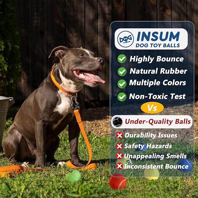 INSUM Tennis Balls for Dogs - Bulk 50 Pack 2.5'' Durable Non-Toxic Outdoor Dog Toys Balls with Mesh Bag, SGS Certified, Colorful Fetch Toys, Medium Large Breeds (Non Squeaky)