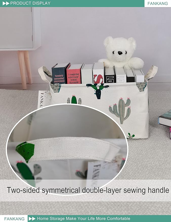 Storage Basket,Nursery Hamper Canvas Laundry Basket Foldable with Waterproof PE Coating Storage, Office, Bedroom, Clothes,Toys (L, Rec-Cactus)