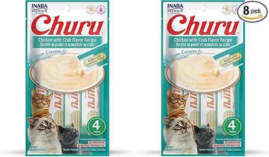 INABA Churu Cat Treats, Grain-Free, Lickable, Squeezable Creamy Purée Cat Treat/Topper with Vitamin E & Taurine, 0.5 Ounces Each Tube, 4 Tubes, Chicken with Crab Recipe (Pack of 2)