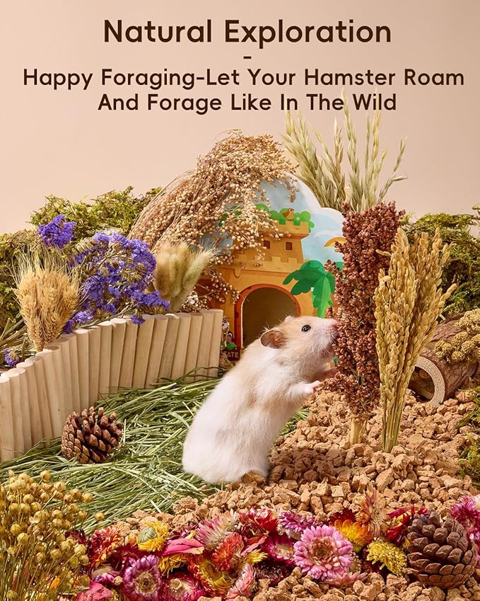 BUCATSTATE Natural Hamster Bedding - Flowers & Herbs & Sprays for Cage Habitat Decor - Treat Cereal Grain for Dwarf Syrian Gerbils, Mice, Rat, Forage, Enrichment (76PCS)