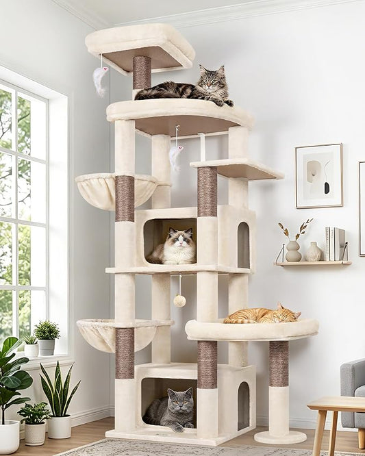 Globlazer 75in Sturdy Cat Tree for Large Cats, Heavy Duty Multi-Level Cat Tower for Indoor Cats with Extended Platform, 2 Spacious Condos, 2 Padded Perches, 6 Sisal Scratching Posts, S75, Beige
