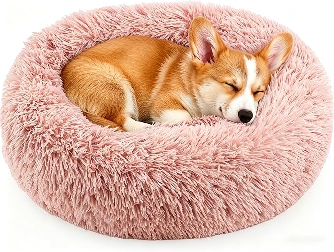 Calming Anti-Anxiety Donuts Dog And Cat Bed, Round Fluffy Soft Washable Small Medium Pet Bed For Puppy And Kitten, Cuddler Warming Comfortable Luxury Anti-Slip Waterproof Mute Base 24in Pink
