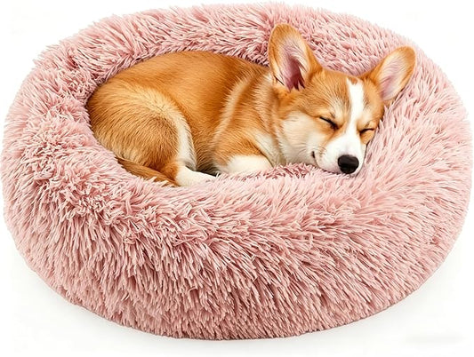 Calming Anti-Anxiety Donuts Dog And Cat Bed, Round Fluffy Soft Washable Small Medium Pet Bed For Puppy And Kitten, Cuddler Warming Comfortable Luxury Anti-Slip Waterproof Mute Base 24in Pink
