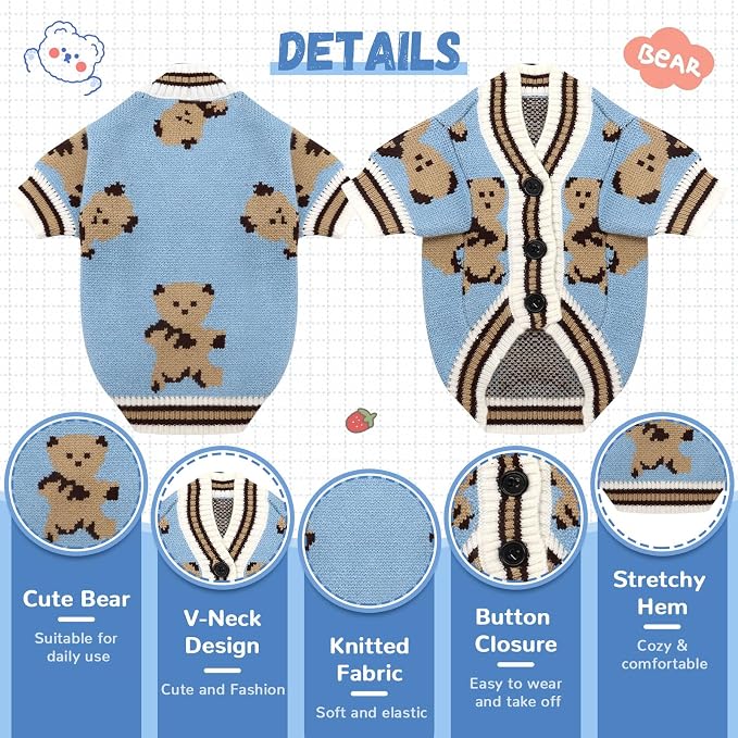 ABRRLO Small Dog Sweaters Cute Bear Dog Cardigans Clothes for Small Medium Dogs Boy Girl Puppy Cat Knitting Cardigan Outfits Dogs Winter Coats Warm Pet Doggy Clothes Soft Knitwear Apparel (Blue,XS)