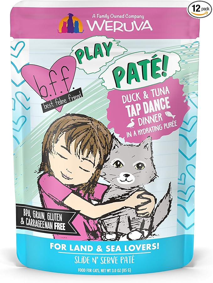 Weruva B.F.F. Play - Best Feline Friend Paté Lovers, Aw Yeah!, Duck & Tuna Tap Dance with Duck & Tuna, 3oz Pouch (Pack of 12)
