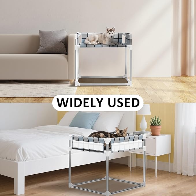 Bedside Window Pet Cat Bed - Dog Bed with Guardrail Extension Attached to Human Bed Height Elevated Dogs Cats Window Perch Bedside Dog Cot Sleeper Hammock Furniture Pet Beds (20'' x 20'' x 24'')
