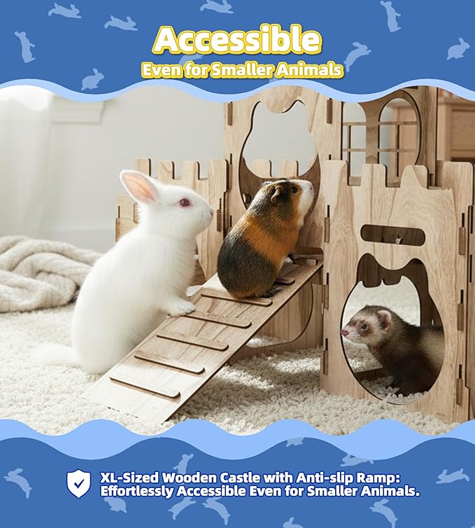 Larger Bunny Castle Sturdy Walnut Color Wooden Rabbit Hideout for Bunnies Guniea Pigs Ferrets Chinchillas Hamsters LXUS (Castle Ramp Feeder)