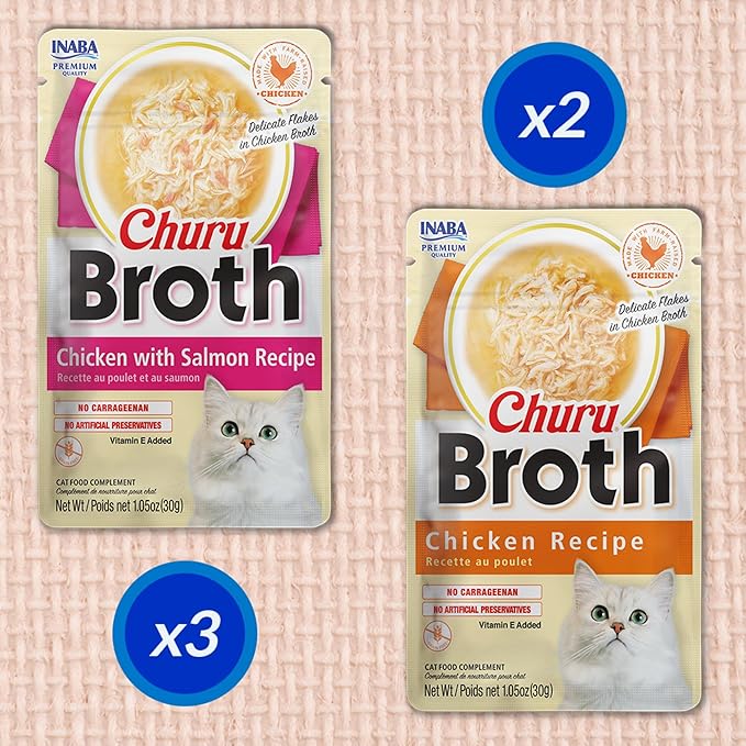INABA Churu Broth for Cats, Creamy Purée Side Dish Pouch, 1.05 oz Pouches, 15 Pouches Total, Chicken Variety