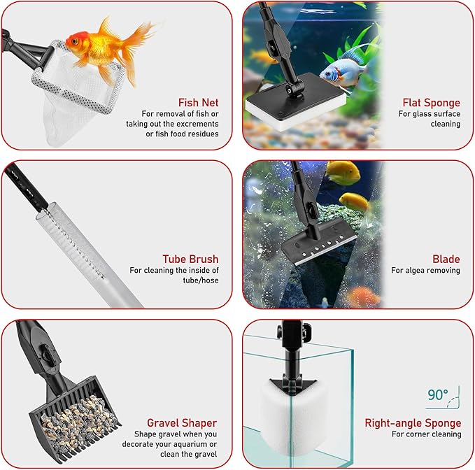6-in-1 Aquarium Cleaning Tool Aquarium Algae Scraper for Fish Tank Including Fish Brush Sand Rake Pad Sponge Telescopic Handle Multi-Usage Aquariums Glass Cleaner Set for Slatwater Freshwater