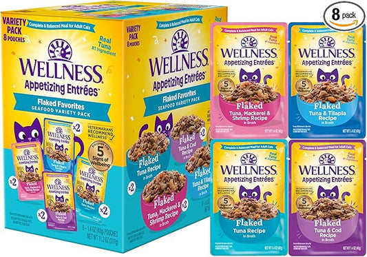 Wellness Appetizing Entrées Flaked Adult Wet Cat Food, Natural, Protein-Rich, Grain Free, 1.4 Ounce Pouch, 8 Pack (Seafood Variety Pack)