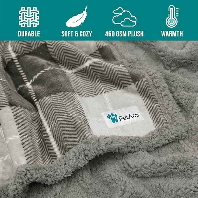 PetAmi Dog Blanket for Small Medium Dogs and Cats, Soft Sherpa Fleece Pet Blanket Throw Puppies Kittens, Reversible Plush Couch Cover Protector Sofa Bed Crate Machine Washable, 60x40, Plaid Light Gray