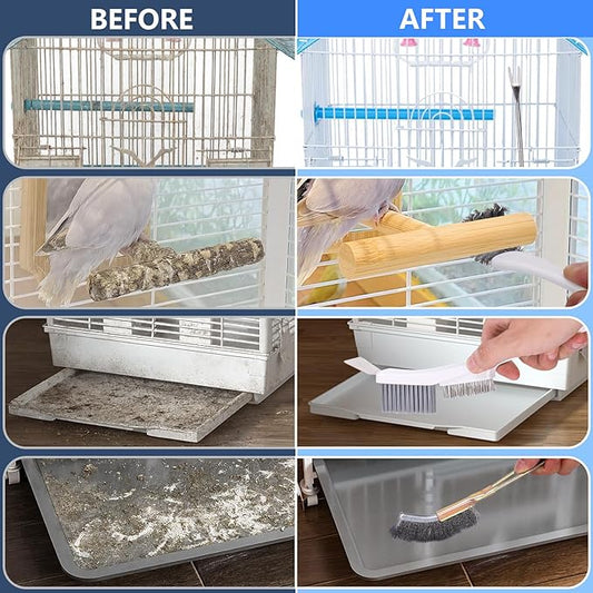 XANGNIER Bird Cage Cleaner Brush Kit,Bird Poop Remover Cleaning Tools Set Accessories for Small,Medium,Large,Tall,Stainless Steel,Parakeet,Budgie,African Grey Parrot,Cockatoo Birds Cage Accessories