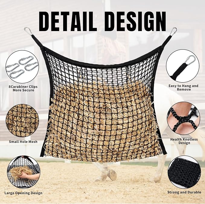 4 PCS Slow Feed Hay Net for Horses, Large Capacity Hay Bags for Horses Goats Sheep Donkey Trailer Full Day Feeding, Easy to Fill and Hang, Black, 35 x 31 Inch