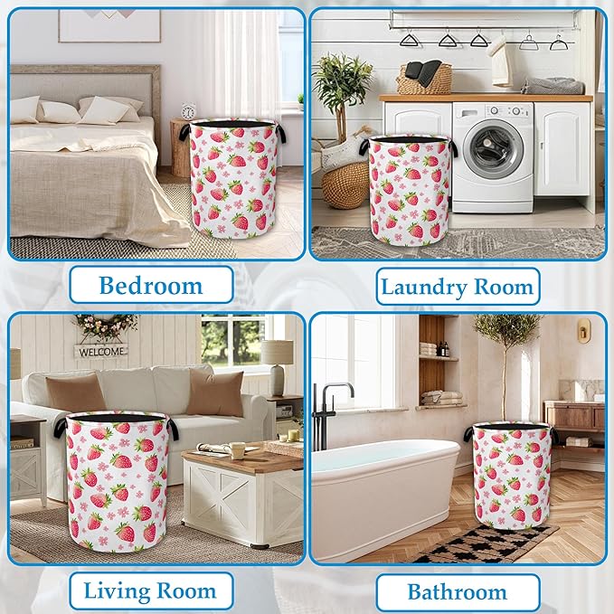 Straberry Flower Laundry Basket Collapsible Laundry Hamper Clothes Toy Storage Bin for Bathroom Bedroom Room Decor 16" X 20.8"