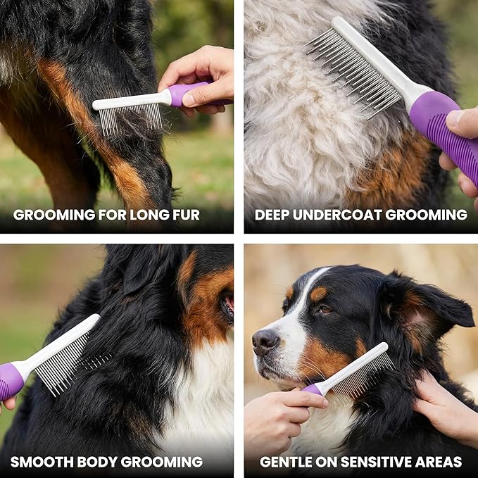 Poodle Pet Detangling Pet Comb with Long & Short Stainless Steel Teeth for Removing Matted Fur, Knots & Tangles – Detangler Tool Accessories for Safe & Gentle DIY Dog & Cat Grooming