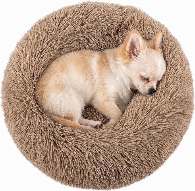 Tiny Dog Bed 15 Inch for Extra Small Dogs,Washable Puppy Bed,Soft Faux Fur Calming Donut Bed for Chihuahua Yorkie Maltese Pomeranian,Brown
