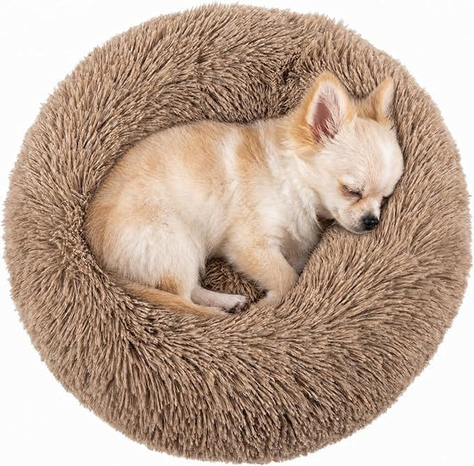 Tiny Dog Bed 15 Inch for Extra Small Dogs,Washable Puppy Bed,Soft Faux Fur Calming Donut Bed for Chihuahua Yorkie Maltese Pomeranian,Brown