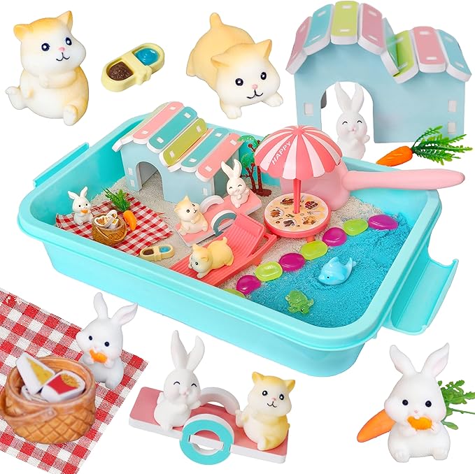 Carolart Pet Sensory Bin,Hamster and Rabbit Habitat,Animal Sensory Sand Kit for Boys and Girls, Pet Sensory Toys,Summer Beach Toys, Sandbox Play Set for Toddler Ages 3 4 5 6 7 8