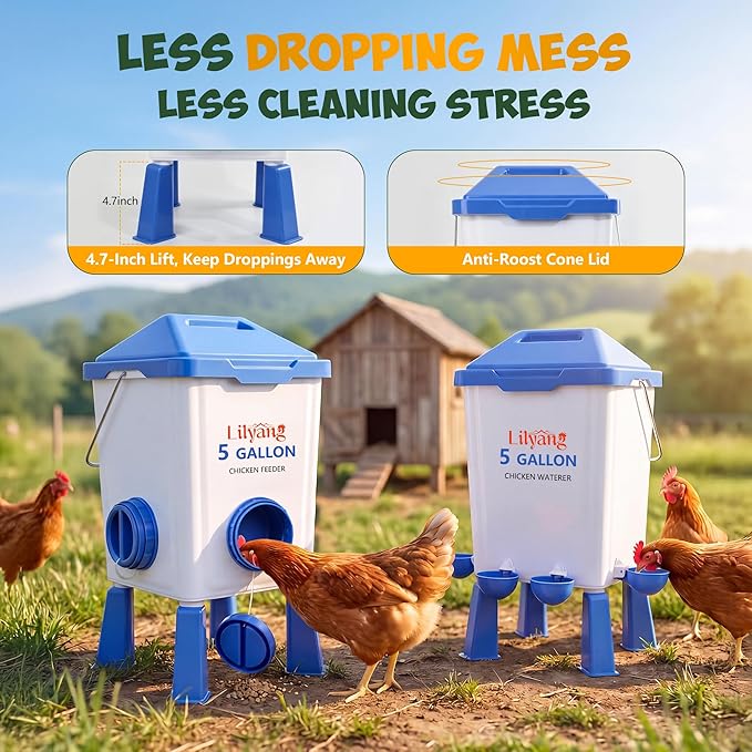 Lilyang Large Chicken Feeder and Waterer Set 5 Gallon, Automatic No-Waste Feeder, Elevated Water Dispenser with Legs, Anti-Spill Ports & Leak-Proof Cups, Feed Chickens & Ducks