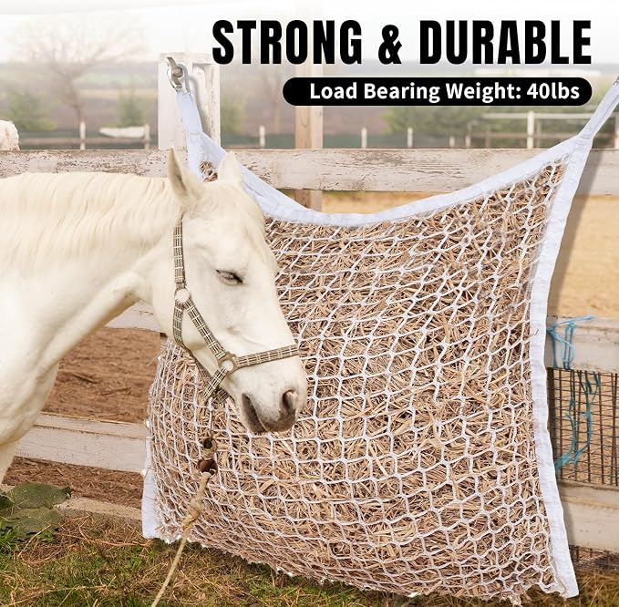2 PCS Slow Feed Hay Net for Horses, Large Capacity Hay Bags for Horses Goats Sheep Donkey Trailer Full Day Feeding, Easy to Fill and Hang, White, 35 x 31 Inch