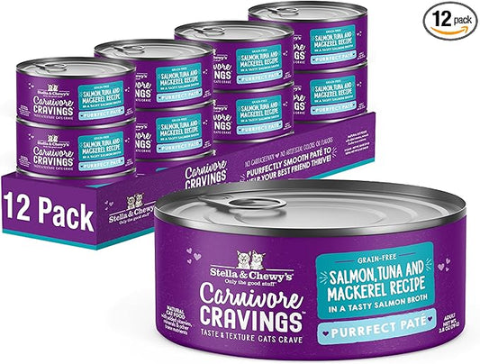 Stella & Chewy's Carnivore Cravings Purrfect Paté - Premium Grain-Free Wet Cat Food - Salmon, Tuna & Mackerel Recipe - High Protein with Bone Broth - Perfect for Picky Eaters - 2.8oz Cans (12 Pack)
