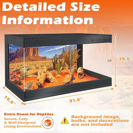 ROYXEN Reptile Tank, 34 Gallons Reptile Enclosure with Lockable Design, Tempered Glass Bearded Dragon Tank for Lizard Habitat, Soild Wood Built-in Sockets (Black, 31.5"x15.5"x15.5")