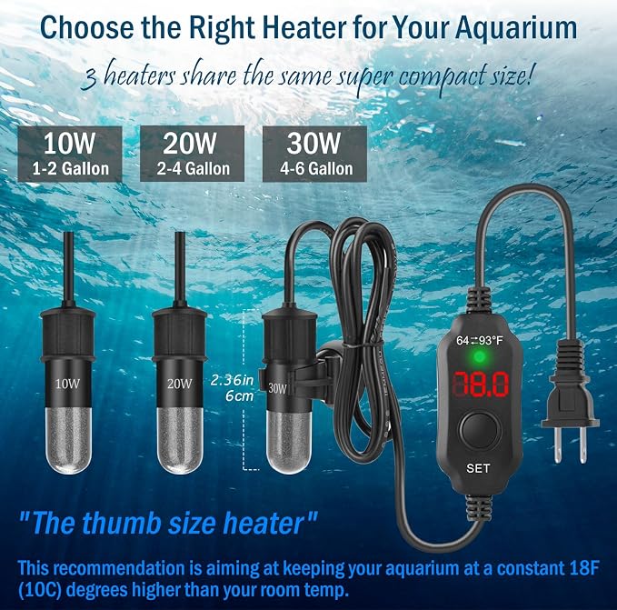 20W Mini Aquarium Heater for 2-4 Gallon Tanks | Submersible Fish Tank Heater with Digital Thermostat, Dry-Run & Overheat Protection, Memory Function