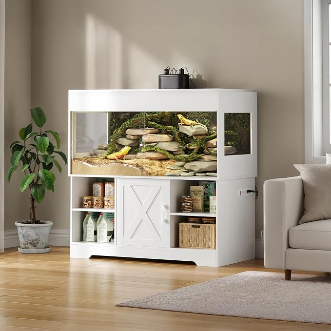 Herture 120 Gallon Terrarium with Stand, 4x2x2 Reptile Enclosure Tank for Bearded Dragons Snakes Lizards, Large Vivarium Habitat with Storage & Power Strip White PX07RTW