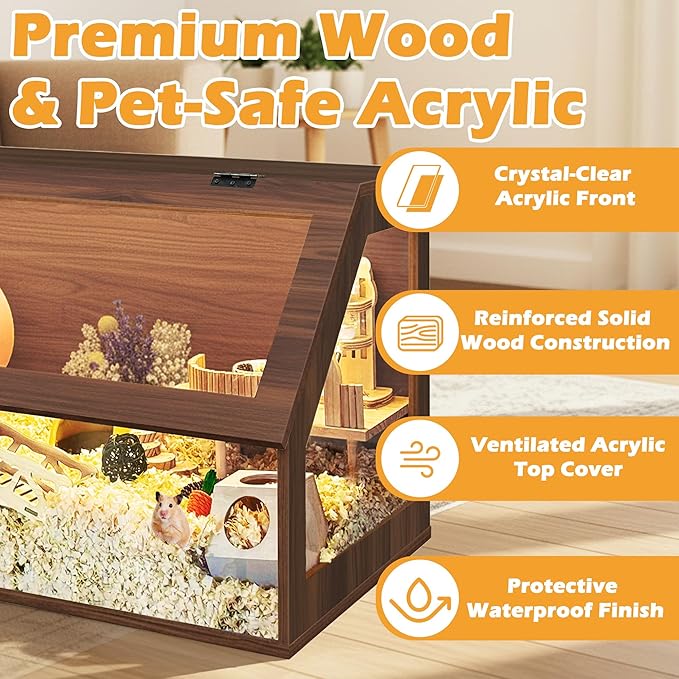 PROLEE Hamster Cage Chewproof, 40" x 20" x 20" Sloped Mice and Rat Habitat with Clear View, Solid Built with Lockable Design and Openable Top, Walnut