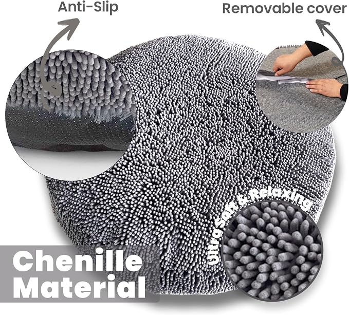Muddy Mat® Cloud K-9 Bed for Dogs & Cats, Soft & Relaxing Round Dog Bed, Chenille Material, Removable Cover, Washable & Dryer Safe–Grey Large(40'x40')