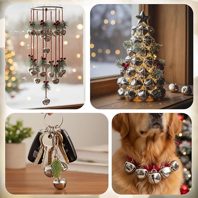 BigOtters 50 PCS Jingle Bells for Crafting, 1 Inch Silver Craft Bells Bulk for DIY Crafts, Potty Training, Wind Chimes Making, Wedding Decor & Home Decoration, with Hanging Hole