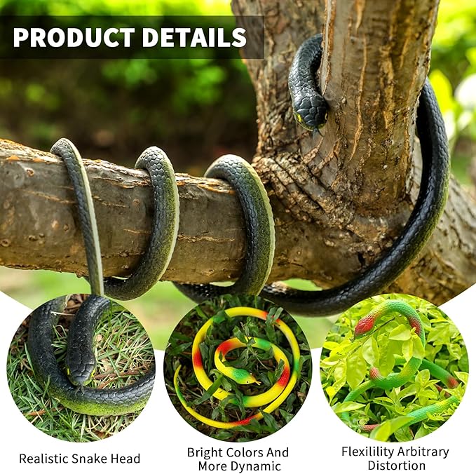 Blulu 3 Pieces Rubber Snakes Realistic Large Lifelike Fake Toys Plastic Garden Snake to Keep Birds Away Scare Squirrels Halloween Prank Props Scare Toy(Vivid Style)
