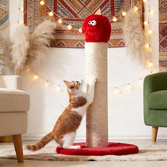 Cat Scratching Post for Small Space, 22'' Scratching Posts for Indoor Cats Adults, Extra Wide 13.4" Stable Base & Natural Sisal, Cute Cat Scratching Post with Short Plush Fabric for Large Cats, Red