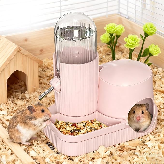 3 in 1 Hamster Water Bottle No Drip Automatic Water Dispenser with Food Bowl Container & Hideout Base Hut for Dwarf Hamster Mouse Rat Gerbils Mice Cage Accessories (Pink)