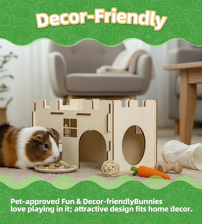 HIIMALEX Sturdy Guinea Pig Hideout Wooden Castle for Guinea Pig Chinchilla Hedgehog Gerbil Hamster Rat House Habitat for Playing and Hiding (GPT26)