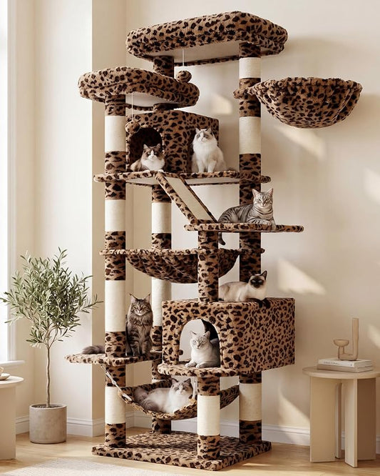 Heybly Cat Tree, 71-Inch-Tall Tower for Indoor Cats with 2 Perches, 2 Big Condos, 2 Hammocks, Basket, Scratching Pad, Large Cat Furniture and Condo, Leopard Print HCT034BW