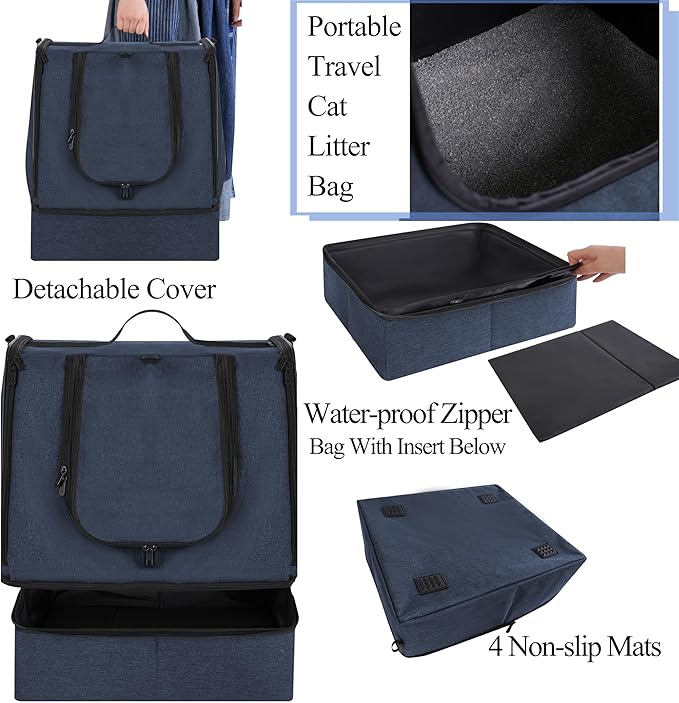 apollo walker Portable Cat Travel Litter Box with Zipped Waterproof Bag,No Collapse with Hard Base Insert at Bottom, No Leakage, No Smell, Easy to Carry, Easy to Use in Hotels, Car Blue