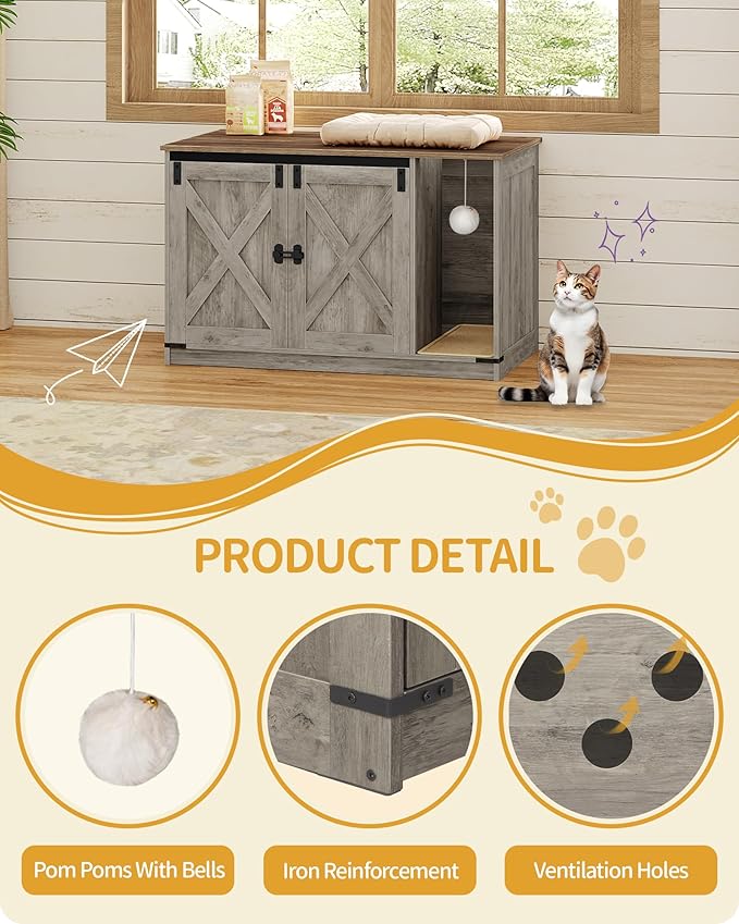Hzuaneri Cat Litter Box Enclosure, Hidden Litter Box Cabinet Furniture with Bell, Indoor Cats House, Farmhouse Style, 39.4 x 21.7X 24.8 Inches, for Hallway, Bedroom, Greige CB85205X