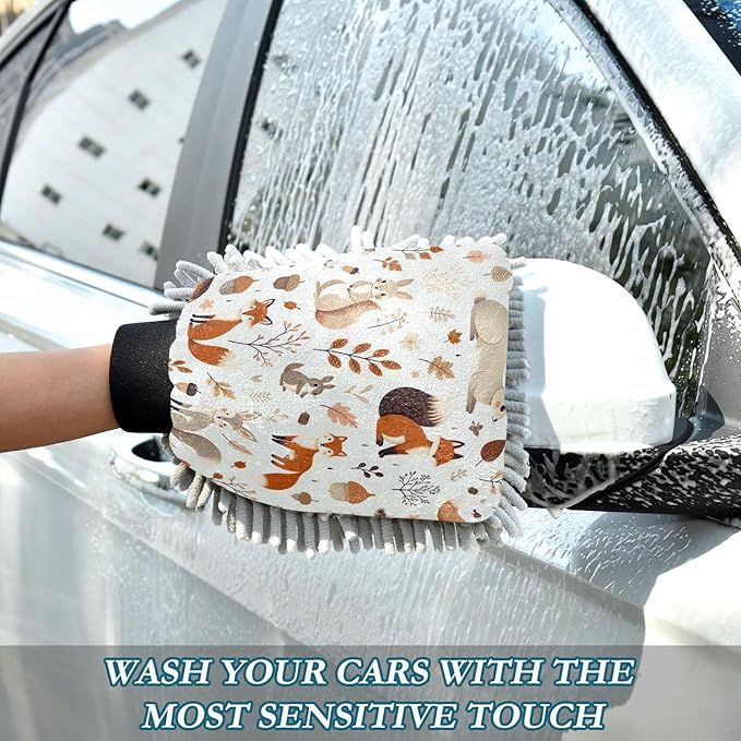 Autumn Rabbits Fox Animals Car Wash Mitt 2PCS Absorbent Chenille Microfiber Mitts Scratch-Free Lint-Free Double-Sided Car Cleaning Gloves, 7.09"X10.24"