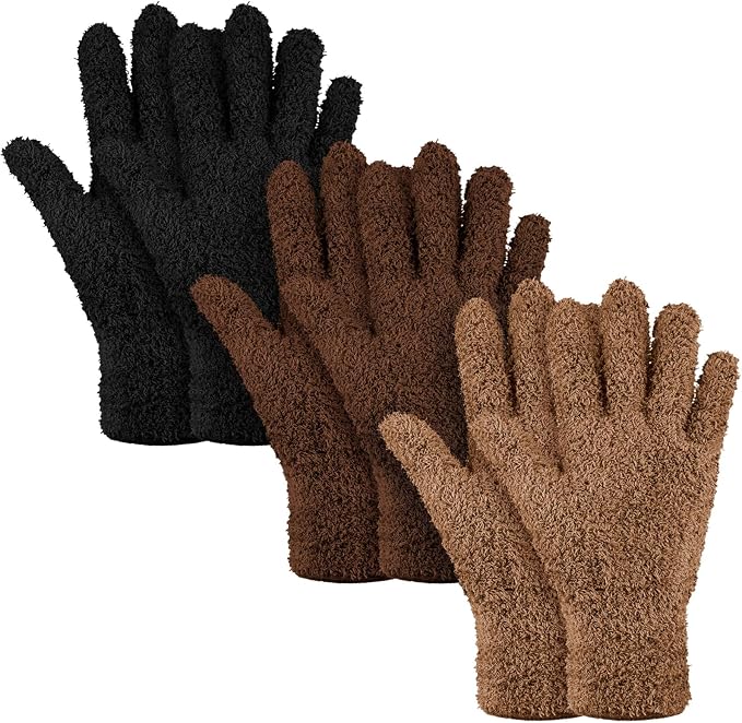 Patelai 3 Pairs Microfiber Plant Dusting Gloves Leaf Cleaning Gloves for Indoor Plants, Blinds, Furniture, House (Black,Brown,Khaki,Small)
