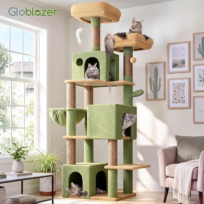 Globlazer Cactus Cat Tree Tall, 71 inches Cat Tower for Indoor Adult Cats Multi-Level 3 Condos for Indoor Cats XL Cat Tree Tower with Scratching Posts, Soft Extra Large Hanging Basket, F71, Green