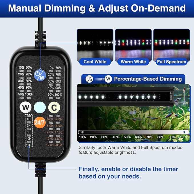 fishkeeper Aquarium Light, LED Fish Tank Lights with Auto Time Sync & 24/7, IP68 Waterproof Extendable Bracket DIY Full Sprctrum Aquarium Plant Lights with Timer/Dimming, Memory Function for 18-24inch