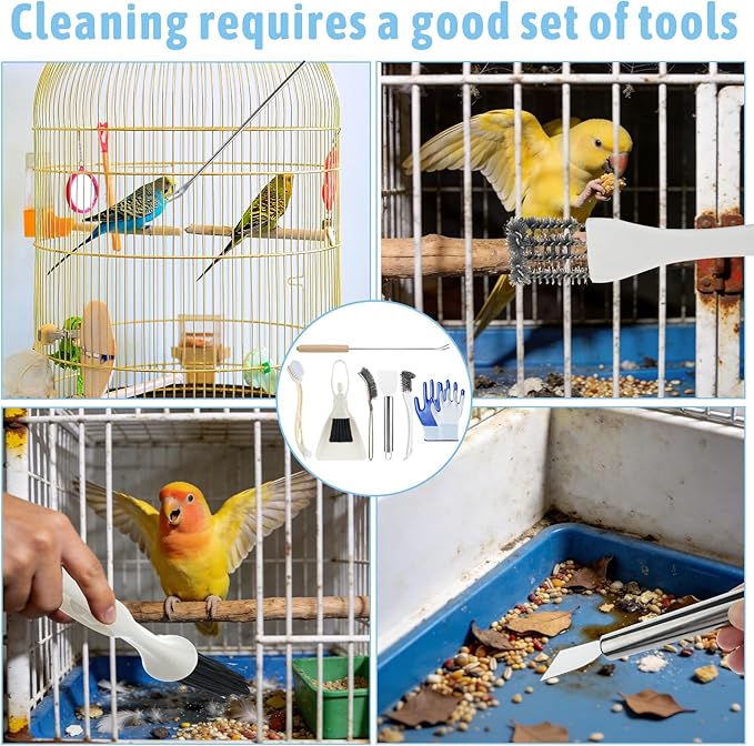 Draupnir Bird Cage Cleaning Supplies 7 Pcs Bird Cage Cleaner Brush Kit, Birds Poop Remover Cleaning Tools Set Cages Accessories