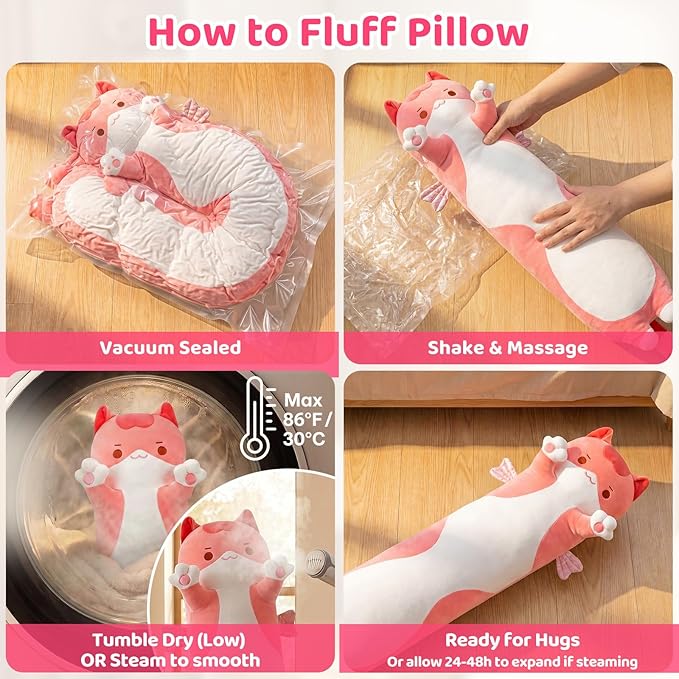 Mewaii Long Cat Plush 5 Sizes, 120% Extra Filling Giant Plushness Kids Body Pillow, Kawaii Cute Pink Cat Stuffed Animals Plushies, Big Long Body Pillow Cat Plush Gift for Girls 44”