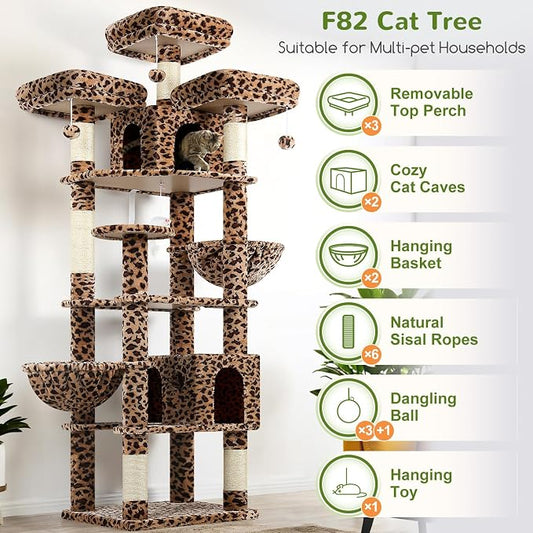 Globlazer Cat Trees and Towers for Multiple Adult Cats, 82-inch XXL Tall Cat Tree Tower for Indoor Cats with Scratching Post, 3 Perches, 2 Condos, 2 Hanging Baskets, F82, Leopard Print